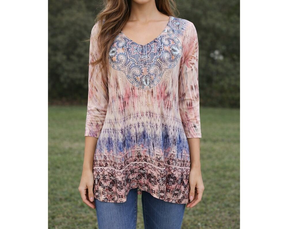 One World Size S Top Shirt Blouse Tunic Women's Geometric Studded Print